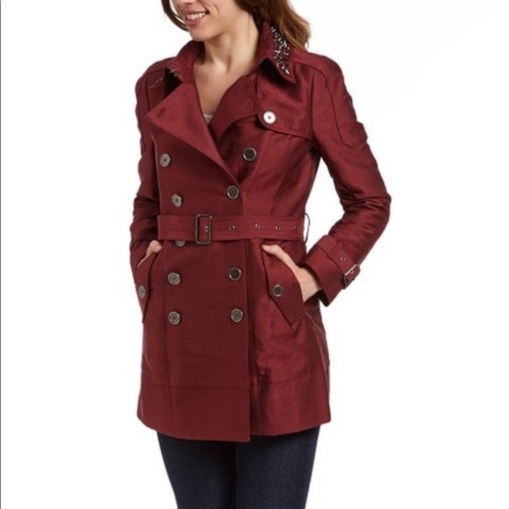 Sam Edelman Stud Collar Lorissa Trench Belted Double Breasted Size L Burgundy